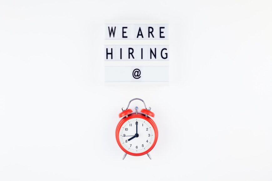 We are hiring flat lay on white background
